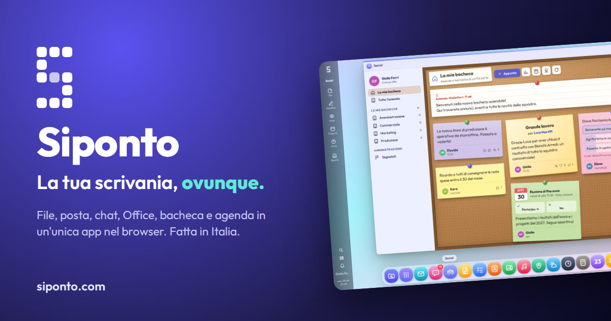 Siponto: la scrivania nel browser con la bacheca aziendale aperta